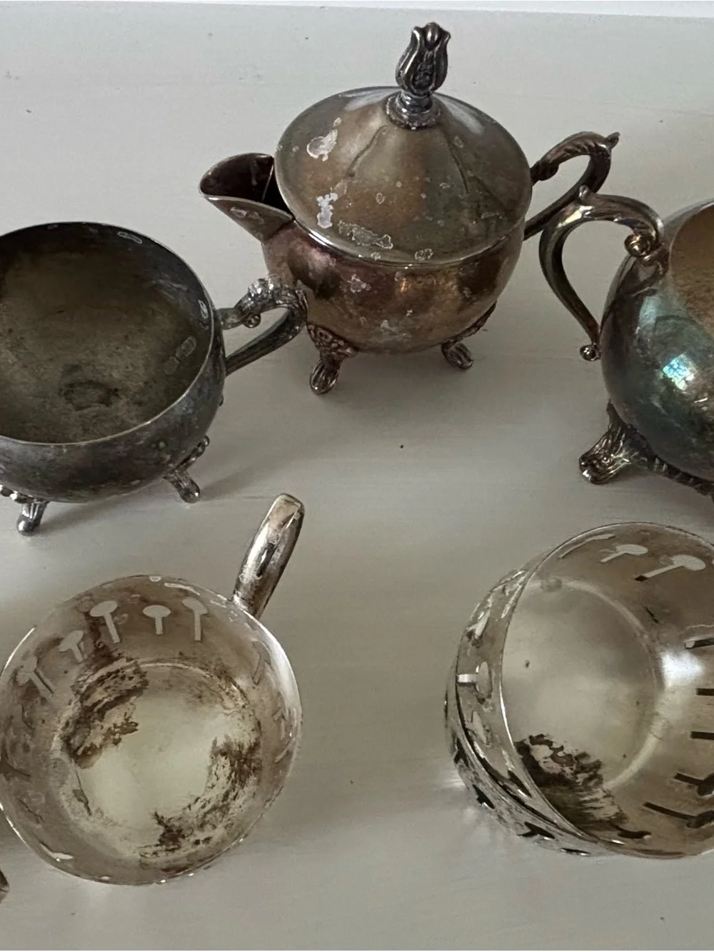 Antique Silver-Plate Sugar Bowl & Tea Set Pieces